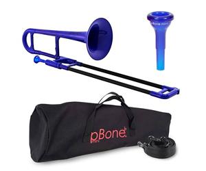 pBone PBONE2B Mini Plastic Trombone with Mouthpiece and Carry Bag Kids Beginner Children - Blue