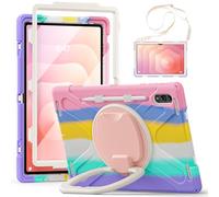 PboyiqiS for Galaxy Tab S11 Ultra Rotating Case 14.6inch, Heavy Duty Hybrid Rugged Case with S Pen Holder, Shockproof Kids Cover with 360 Rotation Stand/Shoulder Strap (Colourful Pink)