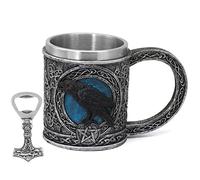 PBTMCD 3D Viking Tankard Mug with Thor's Hammer Bottle Opener, 304 Stainless Steel Insert Resin Whiskey Barrel Cup Bar Stein Beer Mug, for Men Father's Day Coffee Mug Gift,Raven