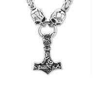 PBTMCD Men Viking Necklace, Stainless Steel Silver Nordic Mythology Thor's Hammer Mjolnir Amulet Jewelry Pendant with Multiple Style Animal Head Square King Chain, with Gift Bag,Skull Head 1,70cm