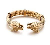PBTMCD Men's Wolf Head Cuff Bangle Twisted Arm Ring, Stainless Steel Punk Biker Weave Hinged Wrist Chain Fenrir Viking Bracelet Pagan Amulet Jewelry,Gold