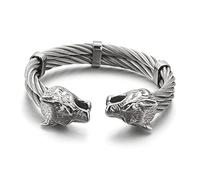 PBTMCD Men's Wolf Head Cuff Bangle Twisted Arm Ring, Stainless Steel Punk Biker Weave Hinged Wrist Chain Fenrir Viking Bracelet Pagan Amulet Jewelry,Silver