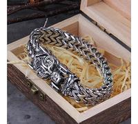 PBTMCD Wolf Head Cuff Bracelet, Handmade Heavy Weave Stainless Steel Punk Biker Wrist Chain Fenrir Viking Men's Amulet Jewelry Bangle Arm Ring,Wolf,23cm