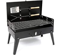PBUK Black Iron Charcoal BBQ Grill with Accessories Portable Folding Outdoor Barbecue Adjustable Height Garden Decking Camping Beach Patio Entertaining