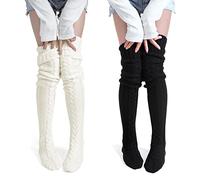 Pcavin Women's Thigh High Socks Over the Knee Cable Knit Boot Socks, Long Warm Fashion Leg Warmers Winter, 2pcs-whit&black, Medium