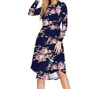 PCEAIIH Women Long Sleeve Polka Dot Casual Pockets Swing Pleated T-Shirt Midi Dress Knee Length (2XL, Lo-Rose Navy)