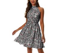 PCEAIIH Women Summer Halter Neck Dresses Sleeveless Casual Floral Polka Dot Short Boho Ruffle Sundress L Leopard Black