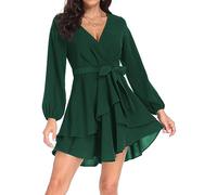 PCEAIIH Women's Cocktail Dresses Long Sleeve Empire Skater Dress Deep V-Neck Waist Tie Ruffle Mini Swing Dresses L Dark Green