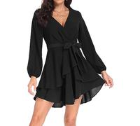 PCEAIIH Women's Cocktail Dresses Long Sleeve Empire Skater Dress Deep V-Neck Waist Tie Ruffle Mini Swing Dresses 2XL Black