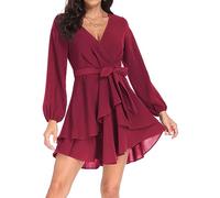 PCEAIIH Women's Cocktail Dresses Long Sleeve Empire Skater Dress Deep V-Neck Waist Tie Ruffle Mini Swing Dresses S Wine Red