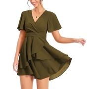 PCEAIIH Women's Cocktail Dresses Short Sleeve Empire Skater Dress Deep V-Neck Waist Tie Ruffle Mini Swing Dresses L Army Green