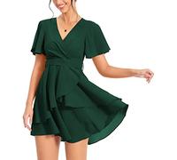 PCEAIIH Women's Cocktail Dresses Short Sleeve Empire Skater Dress Deep V-Neck Waist Tie Ruffle Mini Swing Dresses L Dark Green