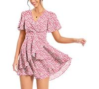 PCEAIIH Women's Cocktail Dresses Short Sleeve Empire Skater Dress Deep V-Neck Waist Tie Ruffle Mini Swing Dresses M Floral Pink