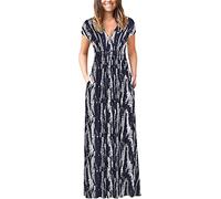 PCEAIIH Women's Maxi Dress Casual Deep V Short Sleeve Floral Ladies Wrap Long Dress with Pockets L Stripe White