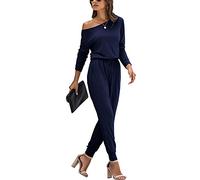PCEAIIH Women's One Piece Jumpsuit Casual Loose Off Shoulder Long Sleeve Elastic Waist Stretchy Romper with Pockets XXL Navy Blue