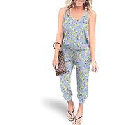 PCEAIIH Women's One Piece Jumpsuit Casual Loose Sleeveless Tank Overalls Elastic Waist Stretchy Romper with Pockets M Yellow Pink Flower