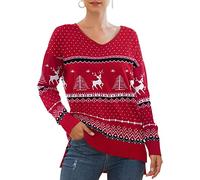 PCEAIIH Women's Pullover Knit V Neck Long Sleeve Jumper Casual Classic Plain Sweatshirt Side Split Batwing Top for Women (L, Christma Red)