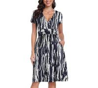 PCEAIIH Women's Summer V-Neck Midi Dress Short Sleeve Casual Floral Sundress with Pockets M Stripe White