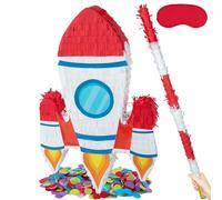 PCFING 21.6 Inch Rocket Ship Piñata with 30 Inch Piñata Stick Blindfold Confetti for Boy Girl Birthday Space Party Game Decorations, Anniversary Celebration, Fiesta