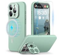 pcgaga Designed for iPhone 15 Pro Case and Screen Protector, Silicone Phone Cover with MagSafe, Invisible Stand, Shockproof Full Body Protection with Microfiber Lining, 6.1",Light Green