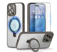 pcgaga Magnetic Phone Case for iPhone 15 Pro [Compatible with MagSafe] [Built-in Invisible Stand] + Screen Protector, Translucent Matte PC Cover with Slim Soft Frame 6.1"(Gray)