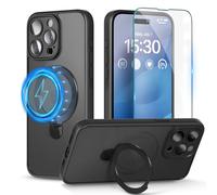 pcgaga Magnetic Phone Case for iPhone 15 Pro Max [Compatible with MagSafe] [Built-in Invisible Stand] + Screen Protector, Translucent Matte PC Cover with Slim Soft Frame 6.7" (Black)