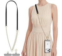 pcgaga Phone Lanyard Crossbody, Adjustable Leather & Pearl Beaded Phone Strap for Women, Cell Phone Neck Strap with 2 Premium Tether Tabs, Detachable Phone Chain, Wristlet Bracelet Bag Charm (Black)