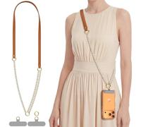 pcgaga Phone Lanyard Crossbody, Adjustable Leather & Pearl Beaded Phone Strap for Women, Cell Phone Neck Strap with 2 Premium Tether Tabs, Detachable Phone Chain, Wristlet Bracelet Bag Charm (Brown)