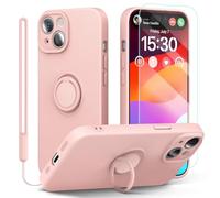 pcgaga Silicone Phone Case for iPhone 15 Plus with Screen Protector [Ring Holder Stand] [Wrist Strap] [Microfiber Lining] Slim Shockproof Protective Cover, 6.7",Pink