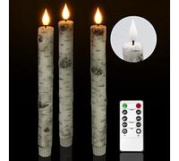 PChero Birch Bark LED Taper Candles, 3pcs Real Wax Flameless Flickering Window Candles with Remote Timer Battery Operated Rustic Dripless Candlesticks for Xmas Halloween Party Decoration - Warm White