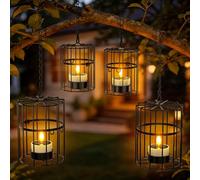 PChero Hanging Lanterns with Solar Tea Lights, 4 Pack Solar Lights Outdoor IP54 Waterproof Garden Metal Lanterns for Patio Table Yard Porch Pathway Tree Fence Decor - 2 Large+2 Small with Chain & Hook
