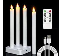 PChero Rechargeable Taper Candles with Remote, 4pcs LED Real Wax Candle Sticks with Charging Base Flameless Flickering Battery Window Candles for Home Party Wedding Christmas Decorations - Warm White
