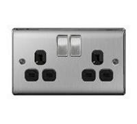 Pck 5 - BG-Nexus-Metal Double 13A Plug Socket,Brushed Steel Finish,Black Inserts