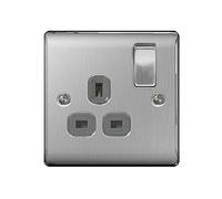 Pck of 5 x BG-Nexus-Metal Single 13A Plug Socket,Brushed Steel Finish,Grey Inserts