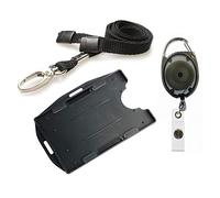 PCL Media ltd 3 Piece ID Badge Set Black Includes Metal Lobster Clip Lanyard, Retractable Badge Reel, Dual Double Sided ID Card Badge Holder (Landscape & Portrait in one Card Holder)