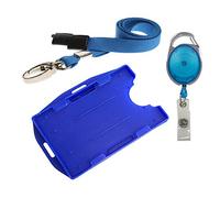 PCL Media ltd 3 Piece ID Badge Set Blue Includes Metal Lobster Clip Lanyard, Retractable Badge Reel, Dual Double Sided ID Card Badge Holder (Landscape & Portrait in one Card Holder)