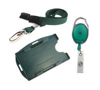 PCL Media ltd 3 Piece ID Badge Set Green Includes Metal Lobster Clip Lanyard, Retractable Badge Reel, Dual Double Sided ID Card Badge Holder (Landscape & Portrait in one Card Holder)