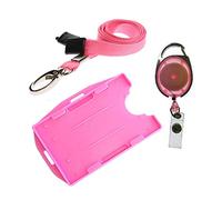 PCL Media ltd 3 Piece ID Badge Set Pink Includes Metal Lobster Clip Lanyard, Retractable Badge Reel, Dual Double Sided ID Card Badge Holder (Landscape & Portrait in one Card Holder)