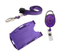 PCL Media ltd 3 Piece ID Badge Set Purple Includes Metal Lobster Clip Lanyard, Retractable Badge Reel, Dual Double Sided ID Card Badge Holder (Landscape & Portrait in one Card Holder)