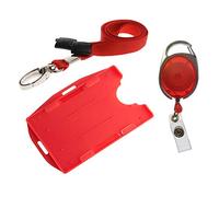 PCL Media ltd 3 Piece ID Badge Set Red Includes Metal Lobster Clip Lanyard, Retractable Badge Reel, Dual Double Sided ID Card Badge Holder (Landscape & Portrait in one Card Holder)