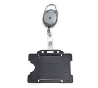 PCL Media ltd Black Retractable Badge Reel with Carabiner Clip and Black ID Card Holders, Open-Faced Rigid ID Badge Holder - Holds One ID Card Ski Pass Holder