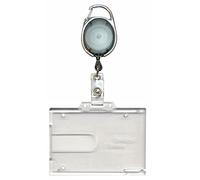 PCL Media ltd Black Retractable Badge Reel with Carabiner Clip and Double Sided Badge Buddy ID Card Holder Clear Rigid ID Badge Holder - Holds Two ID Card Ski Pass Holder