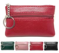 PCL Media ltd Red Mini Coin Purse Holder Wallet Leather Purses for Women Kids Minimalist Zip Pouch with Key Ring Credit Cards & Money