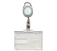 PCL Media ltd White Retractable Badge Reel with Carabiner Clip and Double Sided Badge Buddy ID Card Holder Clear Rigid ID Badge Holder - Holds Two ID Card Ski Pass Holder