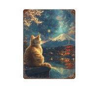PCMOAUDB Cat Gazing at Mount Fuji And The PagodaWall Decor Art Metal Tin Poster Modern Bar Decorations40x30cm
