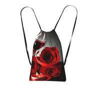 Pcoiuyb Red Rose And Wine Romantic Lovers Decor, Drawstring Sackpack Unisex String Bag Sport Gym Bag Casual Daypack Foldable Drawstring Backpack