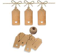 PCP 100 Pcs Gift Tags 9x4.5cm Kraft Paper Tags with 30m Jute Twine String for Arts & Craft, Luggage Label, Weddings, Valentines & Christmas, 300g/m² (Brown)