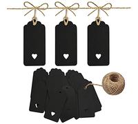 PCP 100 Pcs Gift Tags Kraft Paper Tags with 30m Jute Twine String for Arts & Craft, Luggage Label, Weddings, Valentines & Christmas, 300g/m² (Black)