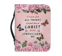 PCSJRKG Flower Butterfly Printed Bible Cover for Women, I Can do All Things Through Christ Who Strengthens Me, Leather Waterproof Bible Carrying Bag Handbag Church Bag Bible Protective, Pink