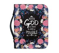 PCSJRKG Flower Verse Printed Bible Covers for Women, with God All Thing is Possible, Large Leather Bible Case with Handle and Pen Slots Bible Book Cover with Zipper